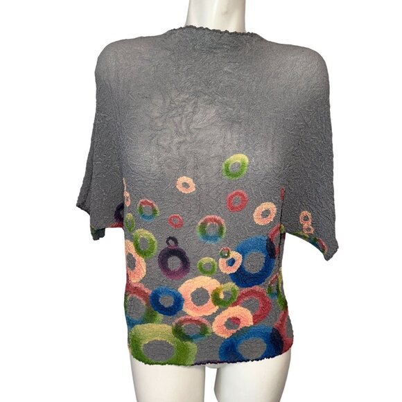 Vanite Couture Crinkle Blouse Gray Blue Print Mock Neck Top One Size Art to Wear - Picture 1 of 5